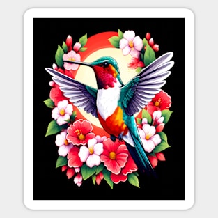 Cute Ruby Throated Hummingbird Surrounded by Spring Flowers Sticker